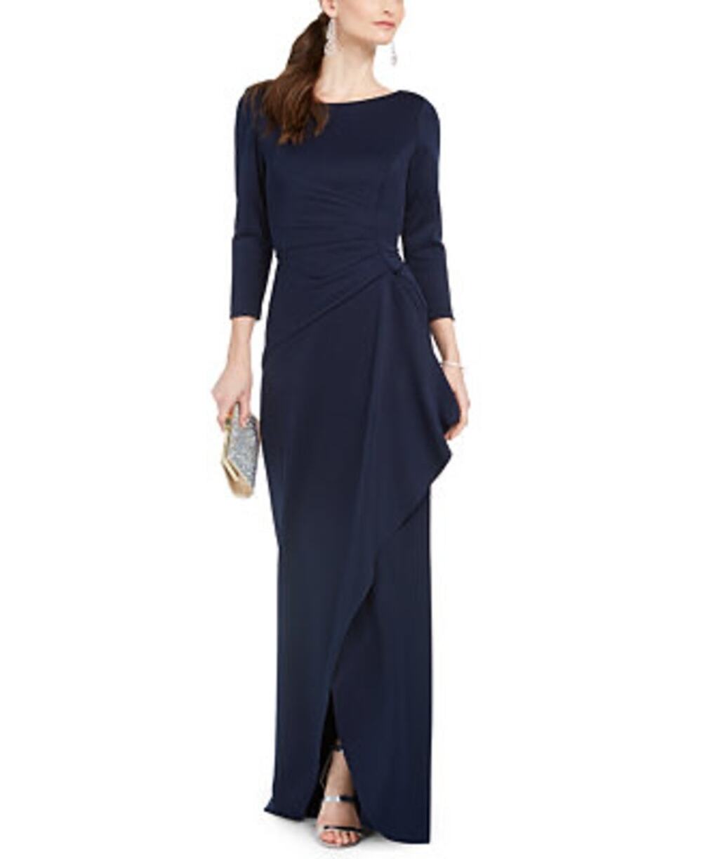 Eliza J Navy Blue Side Ruffle 3/4 Sleeve Tulip Long Formal Gown Size 8
